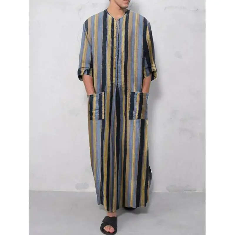 Men's fashion versatile, loose and breathable striped stand up collar, long sleeved Tang style clothing, embroidered Muslim robe