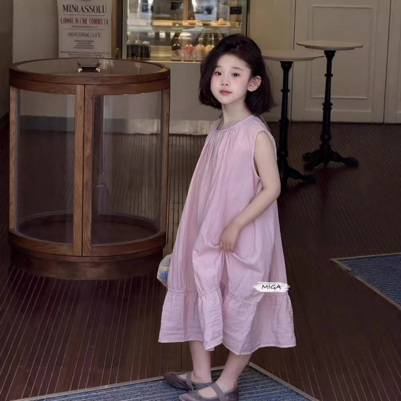 

2026 Fashion Children Girl Sweet Cute Vest Loose Dress Summer Cotton Pink Sleeveless Casual Dress Beach Party Dress for Kids