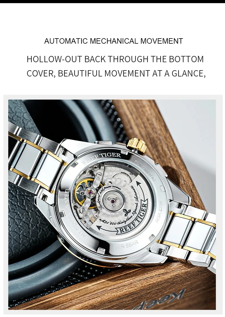 Мужские автоматические часы Reef Tiger, роскошные механические наручные часы 42 мм, водонепроницаемость 50 м, светящийся циферблат скелета, год, месяц, неделя, дата