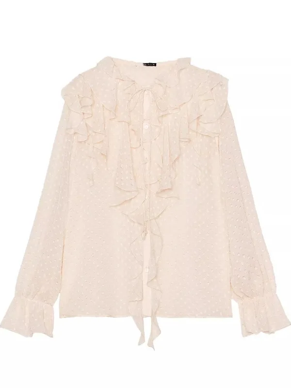 Sweet Layered Decoration Thin Veil Long Sve irt Women's Top New Arrival Spring Summer 2025 Loose Fit Polyester Fiber