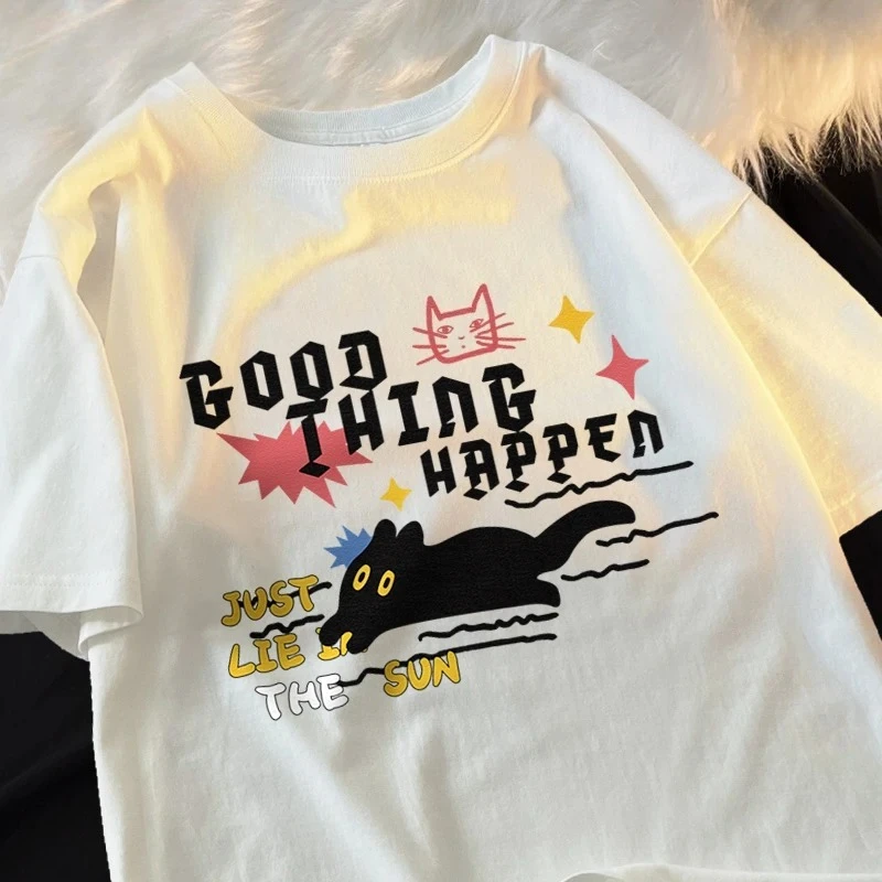 Women Tshirts Funny Black Cat Running Good Luck T-Shirt Summer Cartoon Casual Soft Women Short Sleeve Round Neck Clothing