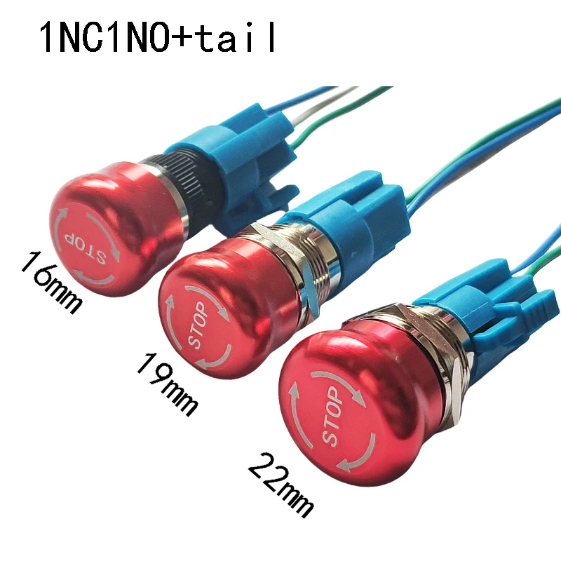 16mm/19mm/22mm STOP Indication Emergency Metal Switch Machine Panel Button Elevator Press Locking Switch 1NO1NC With Tail Socket