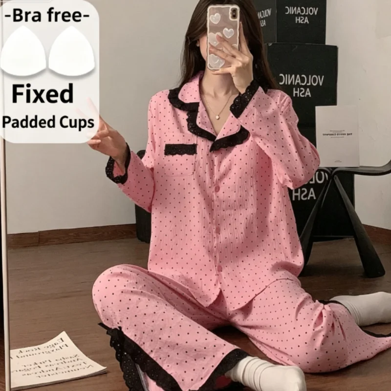 Women Elegant Sleepwear Pajamas Set Long Sleeve 2Pcs Shirt&pants Nightwear Intimate Lingerie Home Wear Lapel Polka Dot Nightie