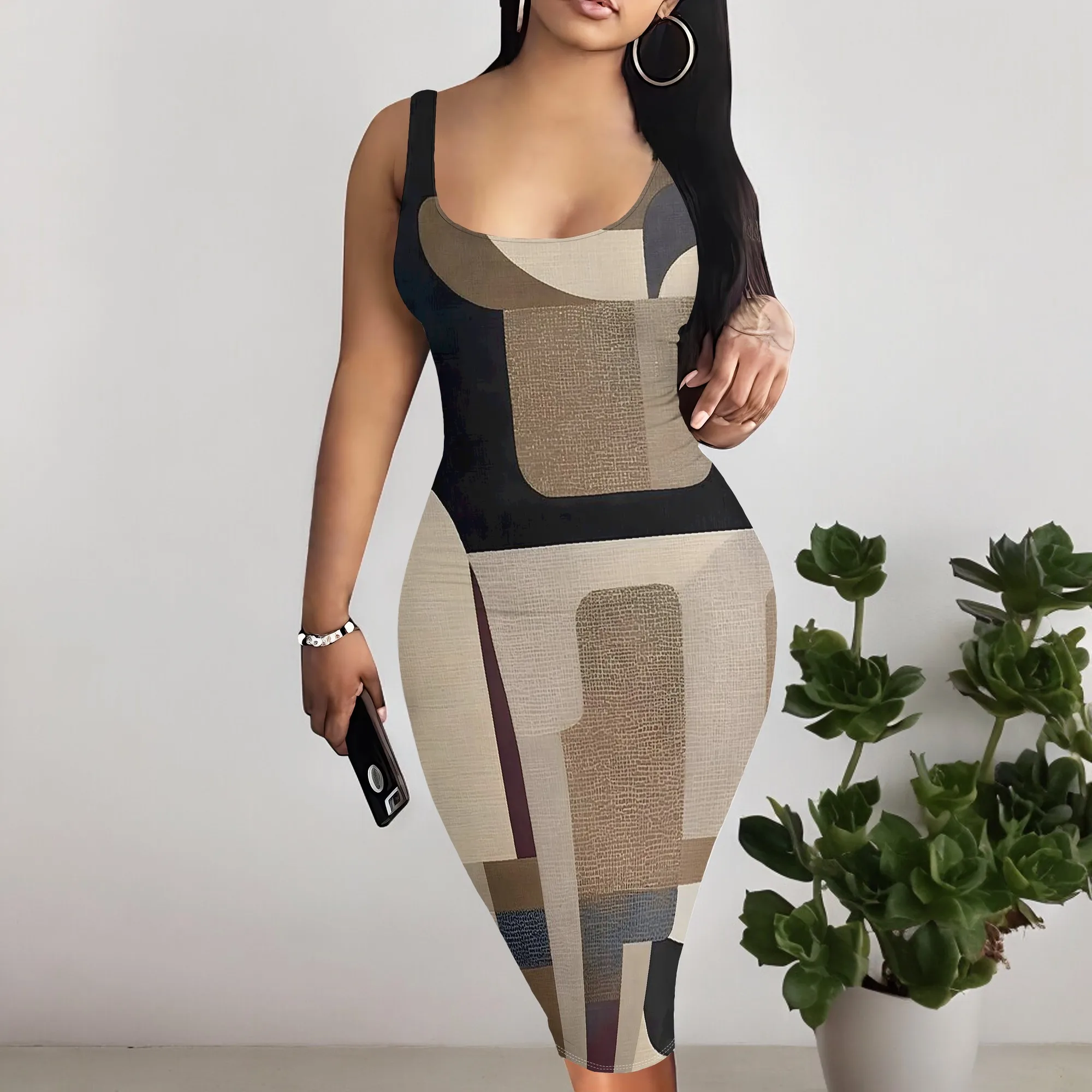 

Geometric Print Tank Midi Dress Women Casual Sleeveless Bodycon Summer Party Dress 2025