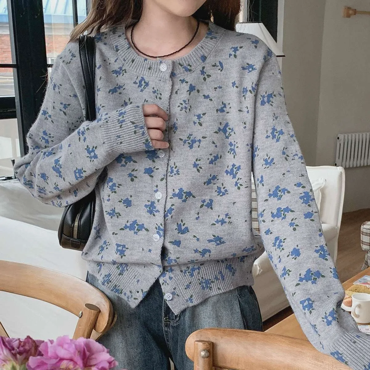 Suéter de punto suelto para mujer, estampado Floral, diseño elegante y versátil, cárdigan abierto juvenil dulce de otoño