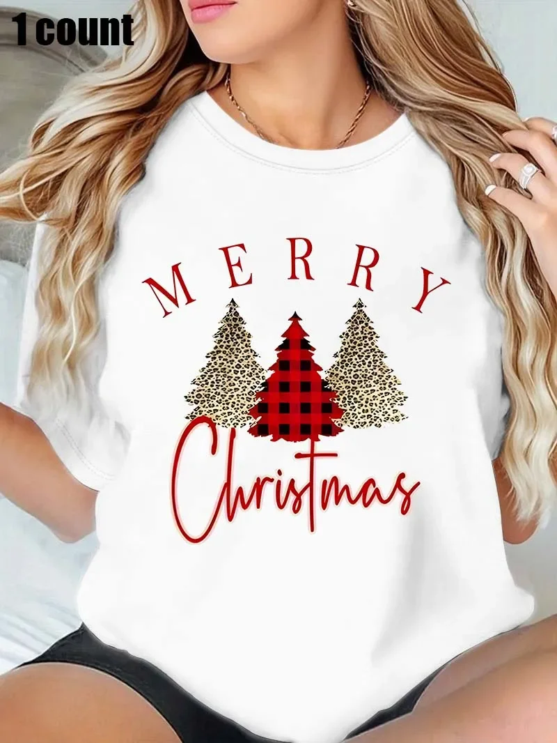 

White Round Neck t - Shirt with Merry Christmas Tree themed Print Festive styled and Retro holiday