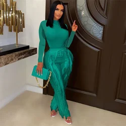 Elegant 2 Piece Sets Women Outfit 2024 Autumn Winter Long Sleeve Bodysuit Top and Tassel Pants Matching Sets Conjuntos Femininos