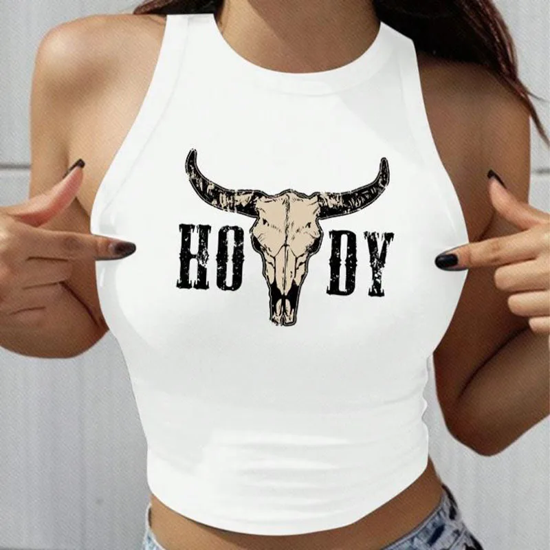 

Новая летняя женская сексуальная однотонная майка Baddie American 2025! Винтажный принт черепа быка в стиле вестерн, для похудения и пожилых людей