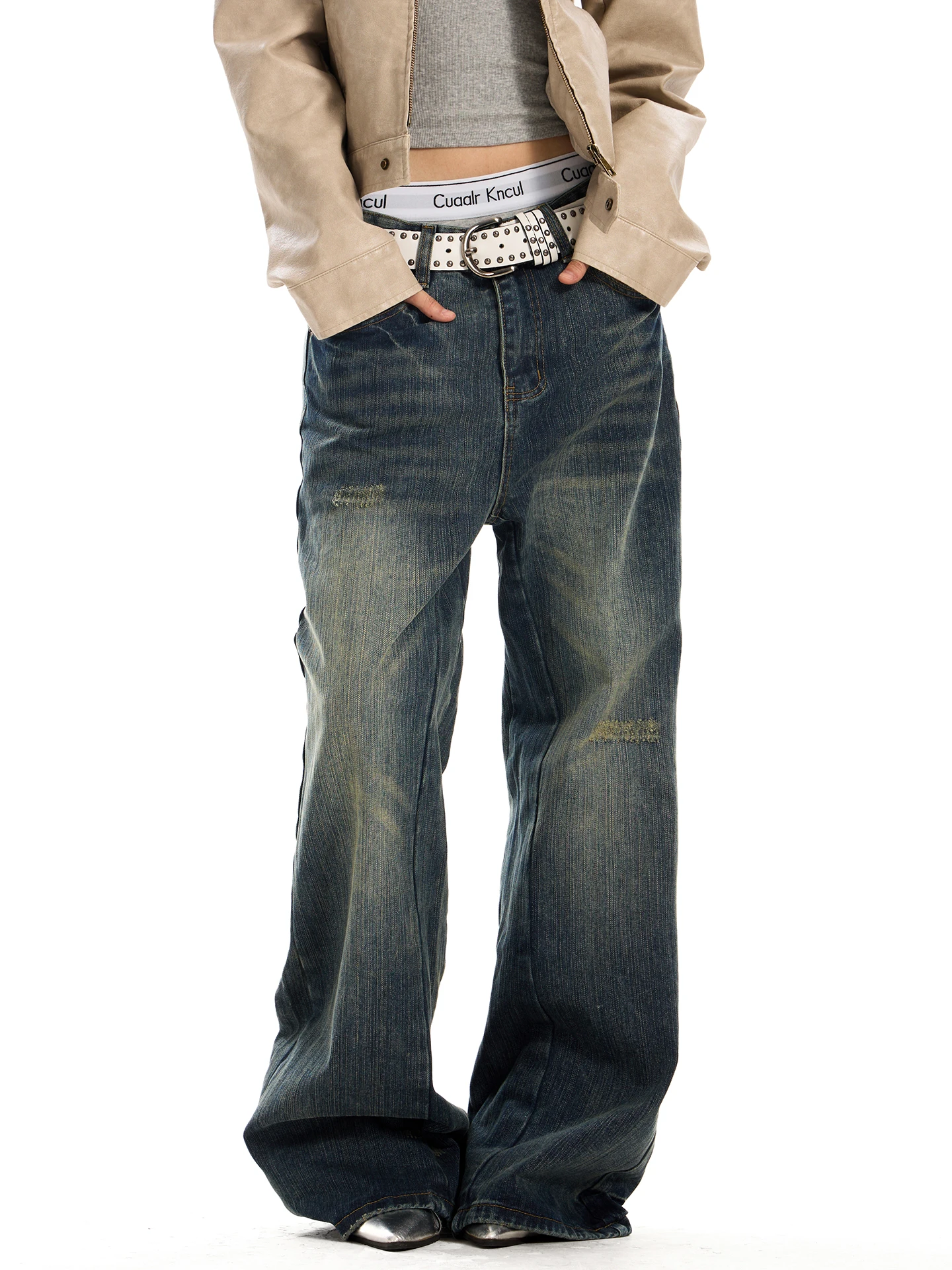 

023start Американские винтажные рваные джинсы унисекс: свободные прямые широкие брюки в пол для мужчин и женщин