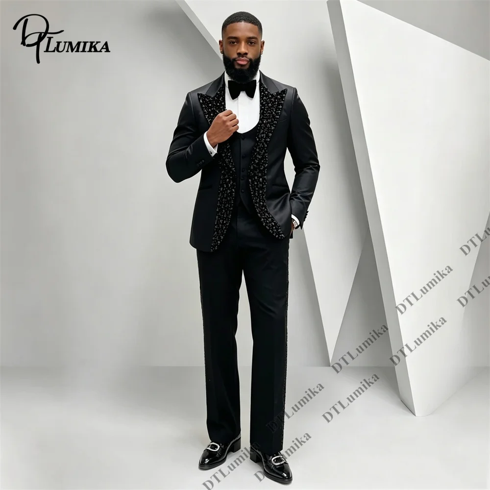 Men's 3 Piece Sequin Suit Black Sparkly Tuxedo Blazer Vest Pants Set Wedding Groom Prom Party Stage Performance Tailored Fitting
