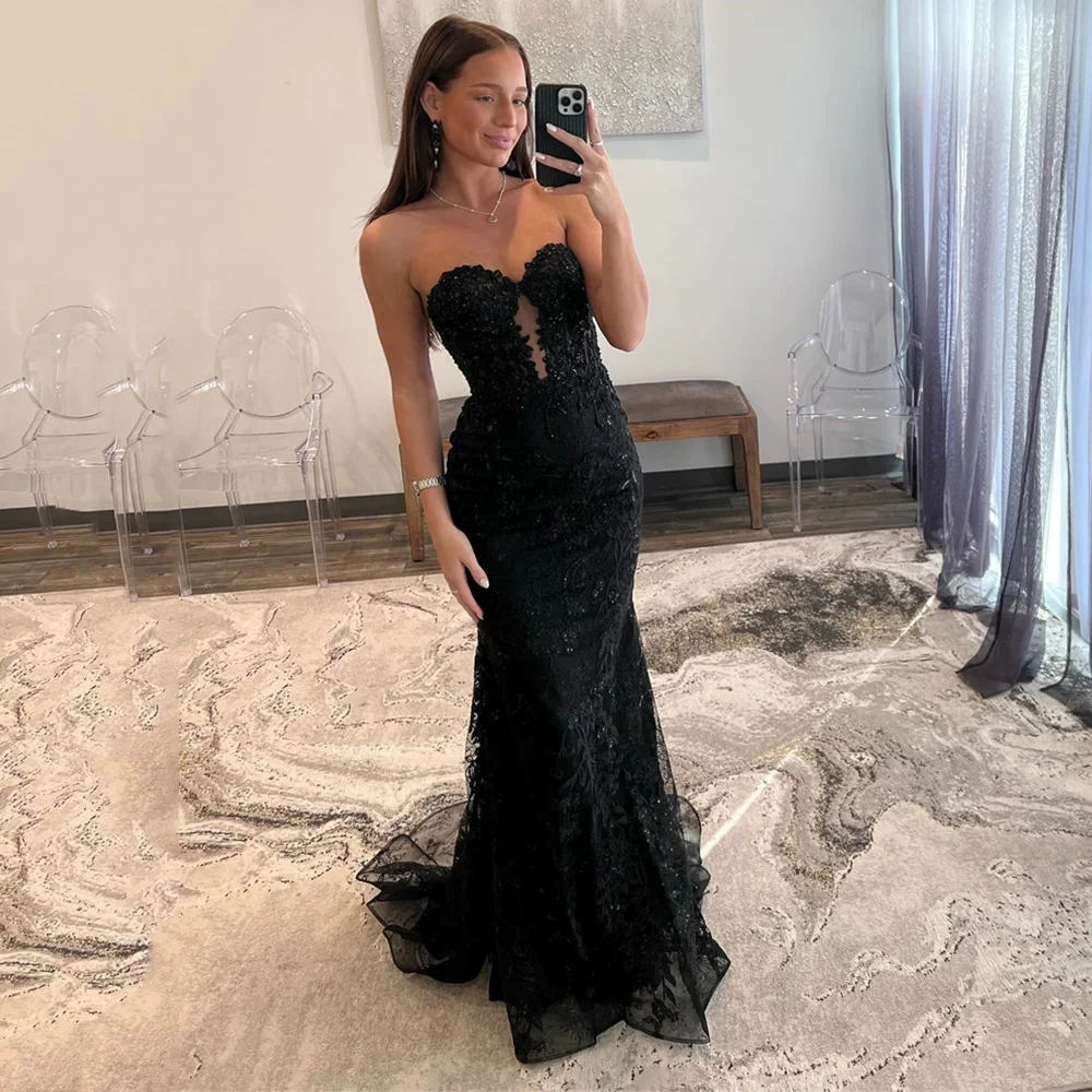 

Backless Sweetheart Neck Evening Gown Black Lace Trumpet Dress Illusion Prom Dresses Sexy Tulle Skirt платья на торжество