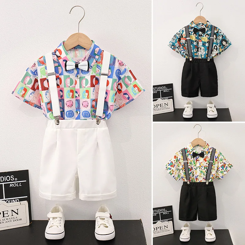 

Boys Summer Suit 2024 Handsome Short-sleeved Flower Shirt Suspenders Children Casual Holiday Style Flower Shirt Kids Clothes