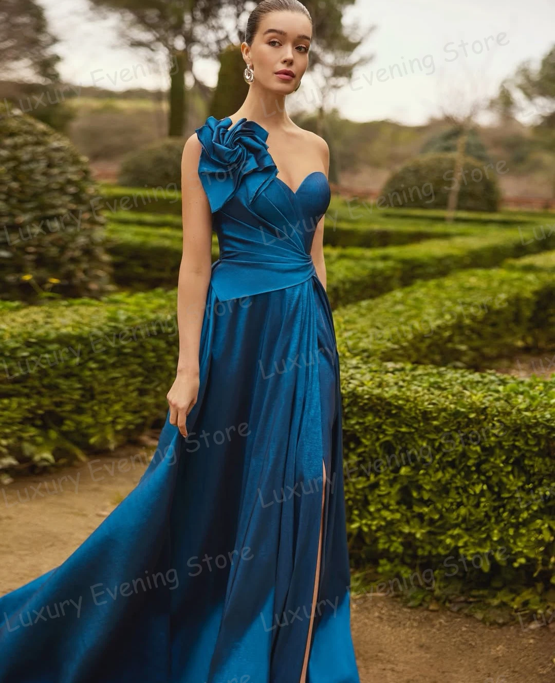 

Simple Blue Evening Dresses Woman's Mermaid One Shoulder Ruffles Flowers Fashion Prom Gowns Vestidos De Novia Party Customized