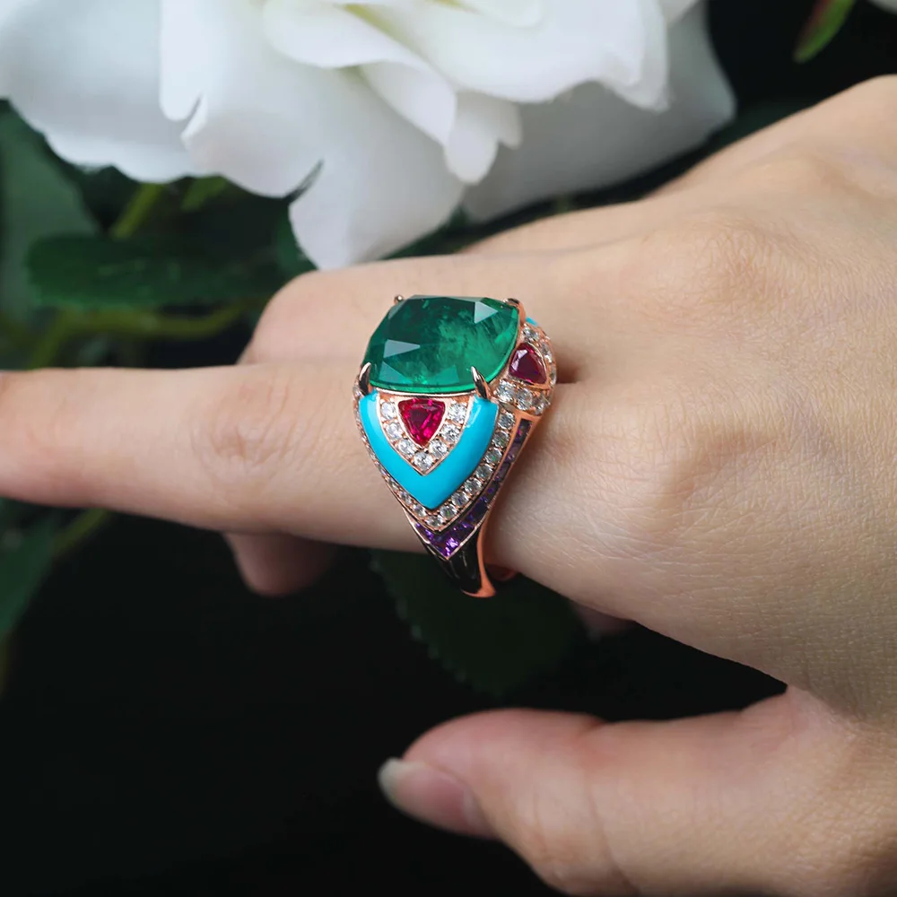 Vintage 12ct Cushion Artificial Emerald Ring Lab Grown Pigeon Blood Ruby 925 Sterling Silver Fine Jewelry for Women's Party Wear