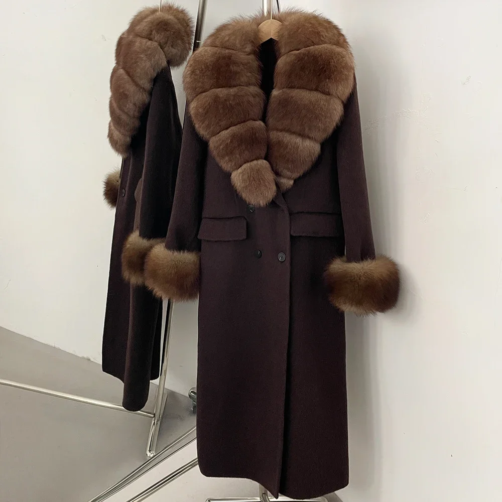 OFTBUY Damen Neue Herbst-Winter-Kleidung, Wollmantel mit Natürlichem Pelzkragen und -manschetten, Langer Warmer Echter Fuchspelz-Wollmantel – Detail 9