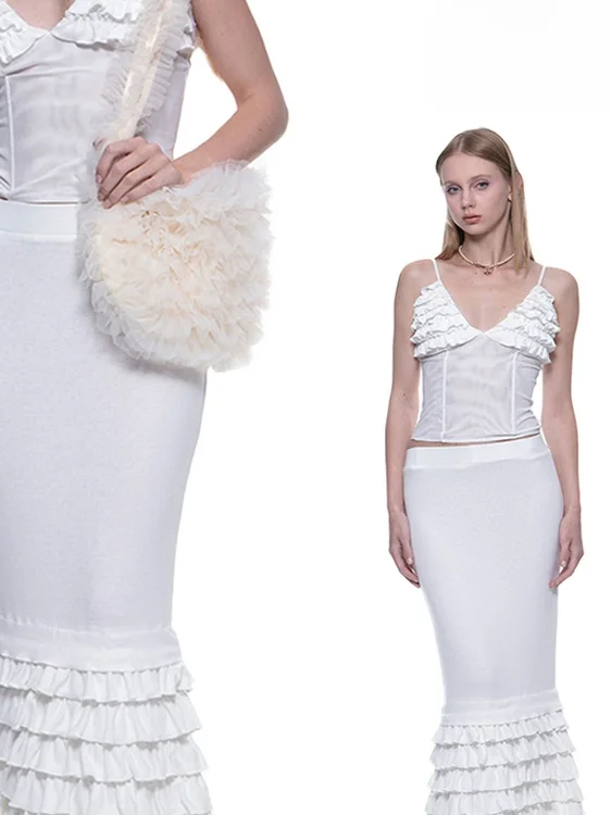 

Muakiss Long Elastic Skirt with Wood ain Ruffle Casual Low Waist Cotton Polyester Spandex Blend Summer Seasonal Skirts