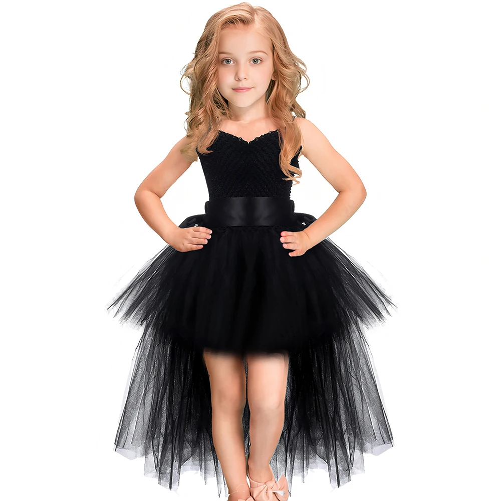 Pink White Black Girls Tutu Dress Tulle V-neck Train Girl Evening Birthday Party Dress Ball Gown Toddler Kids Halloween Costumes