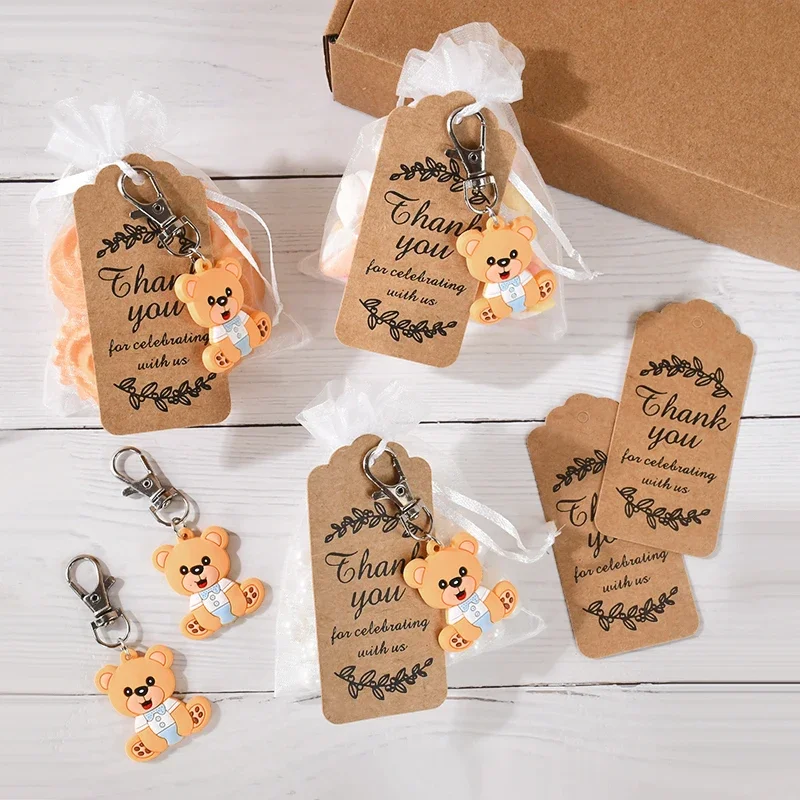 10-30sets baby shower souvenir organza gift bag with thank you tag bear keychains girl boy gender reveal birthday party favors