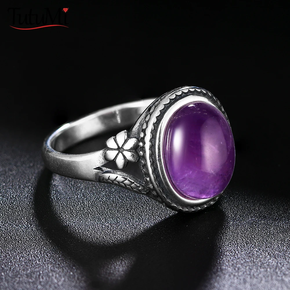 Women's Jewelry S925 Silver Ring Natural 8x10MM Oval Amethyst Wedding Anniversary Party Gift Fine Jewelry