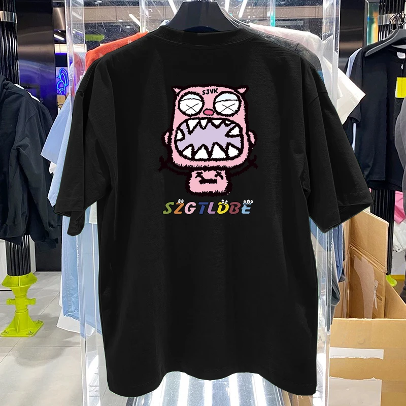 novo-desenho-animado-americano-e-camiseta-de-algodao-estampada-engracada-para-o-verao-2025-tops-soltos-e-casuais-de-manga-curta-para-homens-e-mulheres