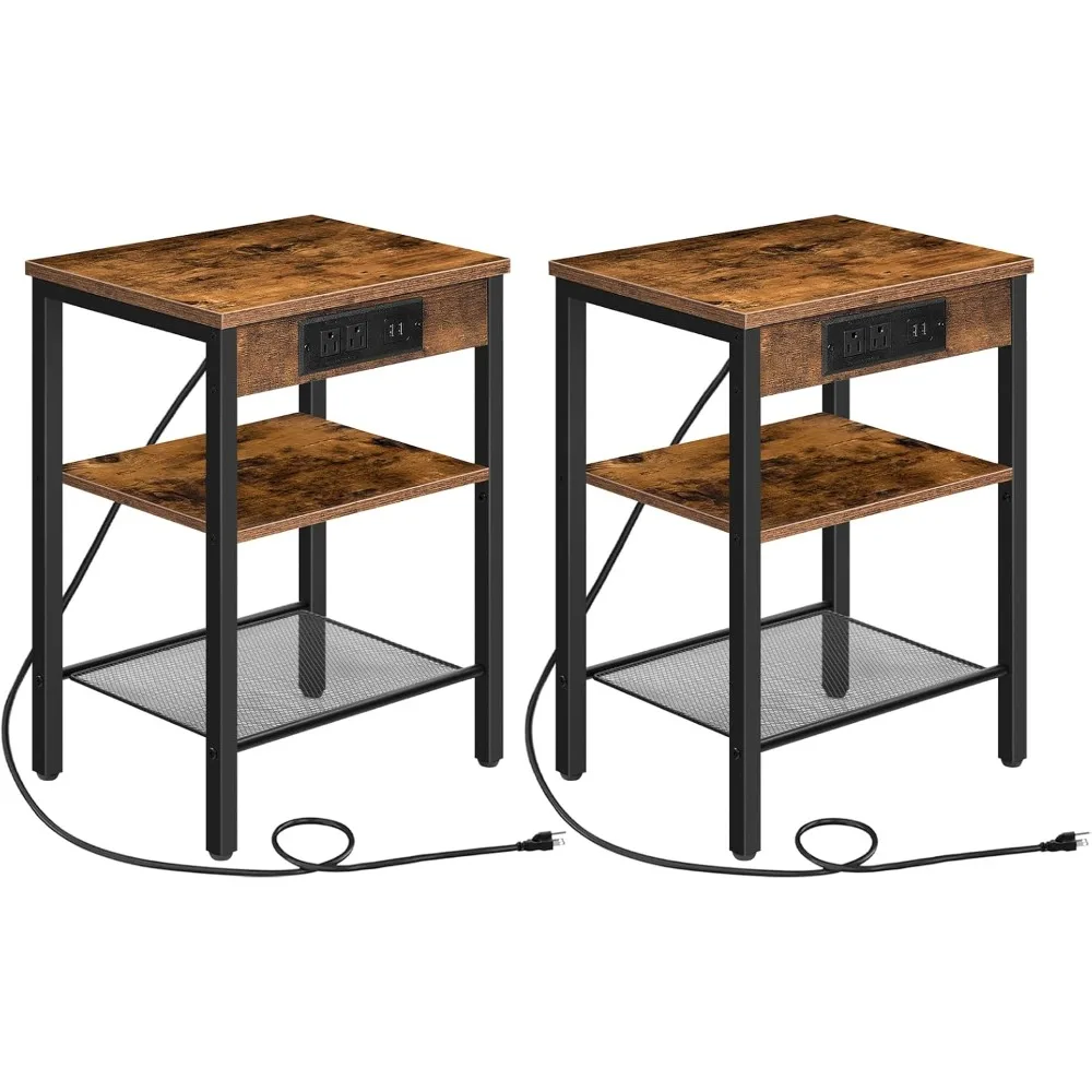 

End Tables Set of 2 with Charging Station and USB Ports, 3-Tier Nightstands with Adjustable Shelf, Small Side Tables