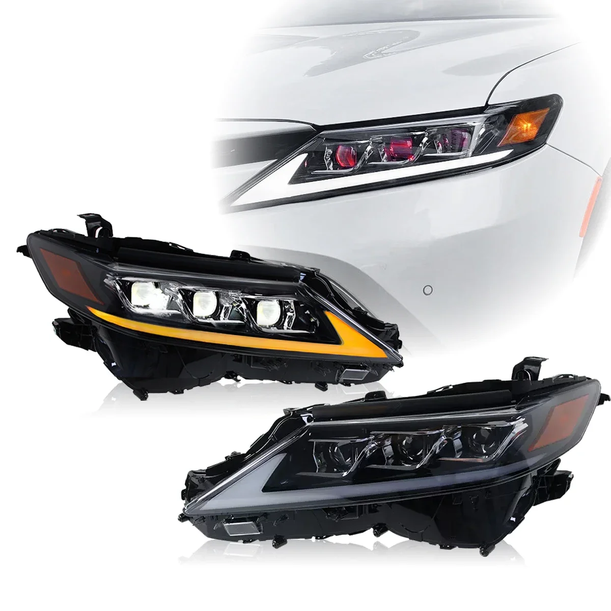 

LED Car Lights Headlights Assembly for Toyota Camry 8th Gen Three Lenses Head Lamps DRL Sequential Turn Signal 2018-2022