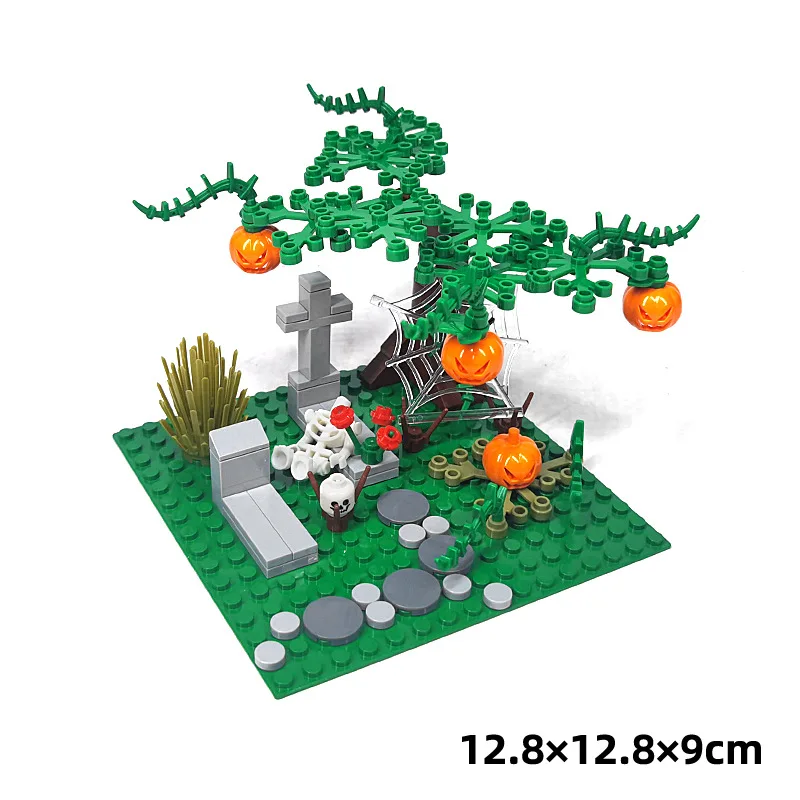 Creative Halloween MOC Ghost Skeleton Cemetery Pumpkin Lantern Scene Decoration DIY Assembly Block Toys Compatible with LEGO