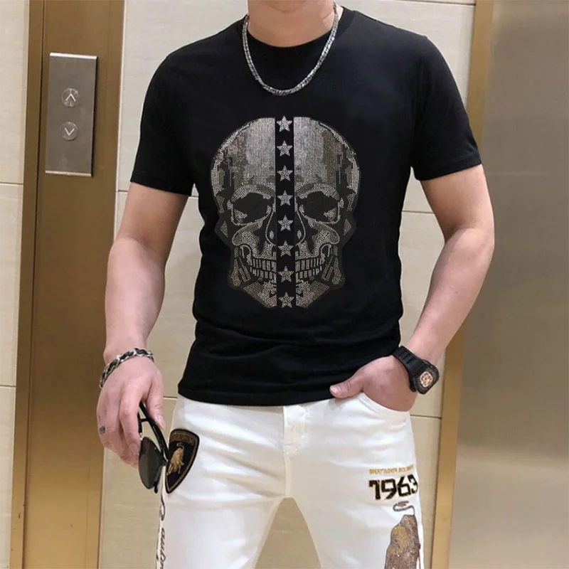 2023Plus Size M-5XL Skull Rhinestones T Shirts Men Summer top tees O Neck Slim fit Tshirts high quality 042