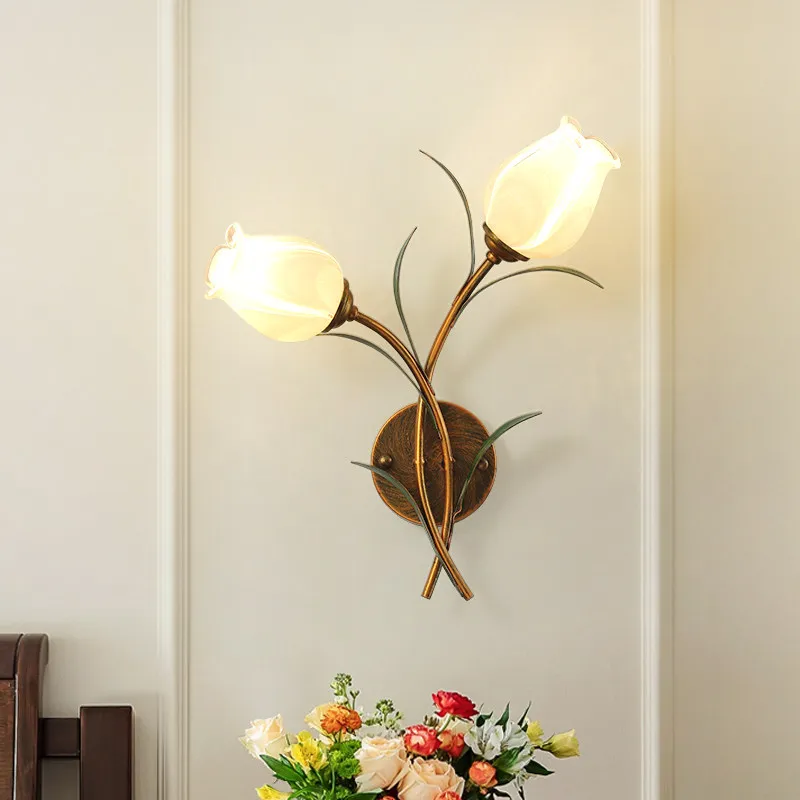 American Pink floral glass lampshade G4 LED Wall Lamp for dining room  Stairs Living Room Restaurant decor Wall sconce lighting