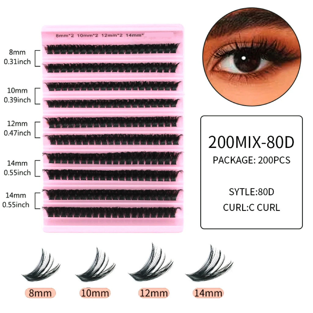 Kit de extensão de cílios finos de 200 peças: onda C/D, 8-14MM, estilos naturais e cosplay, fácil faça você mesmo e reutilizável