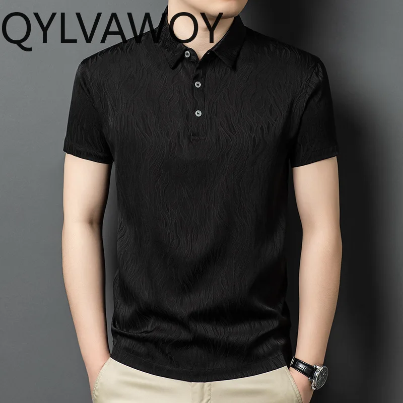 QYLVAWOY 92.5% Mulberry Silk Polo Men's Shirts Loose Summer Tops Cool Shirt Short Sleeve T Shirt for Man Ropa Hombre Breathable