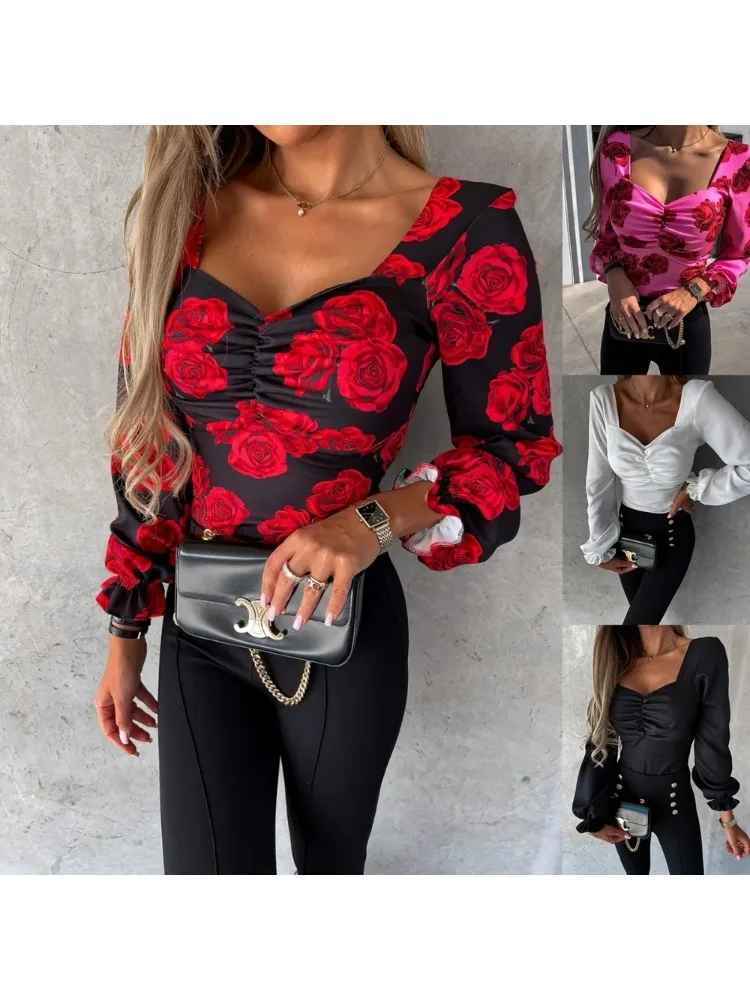 Fashion Women\'s Long Sleeve Waist Pleated Blouse Casual Square Neck Printed Backless Top Shirt Loose Elegant Shirt