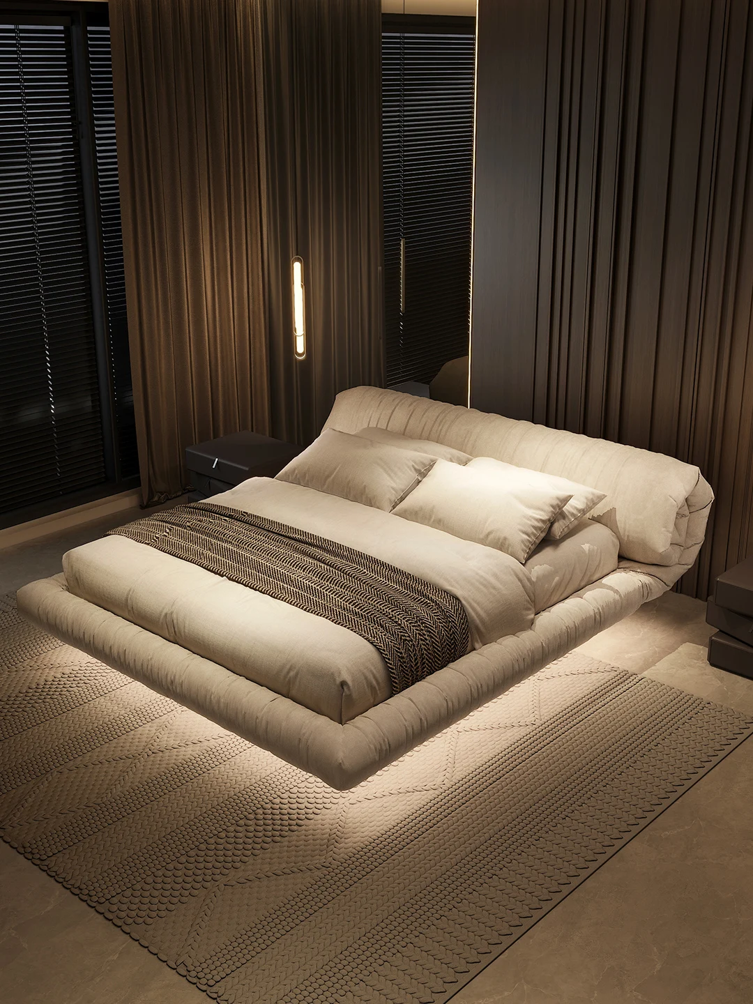 Flower roll bed, cream wind technology cloth bed, light luxury master bedroom with light, induction suspension bed