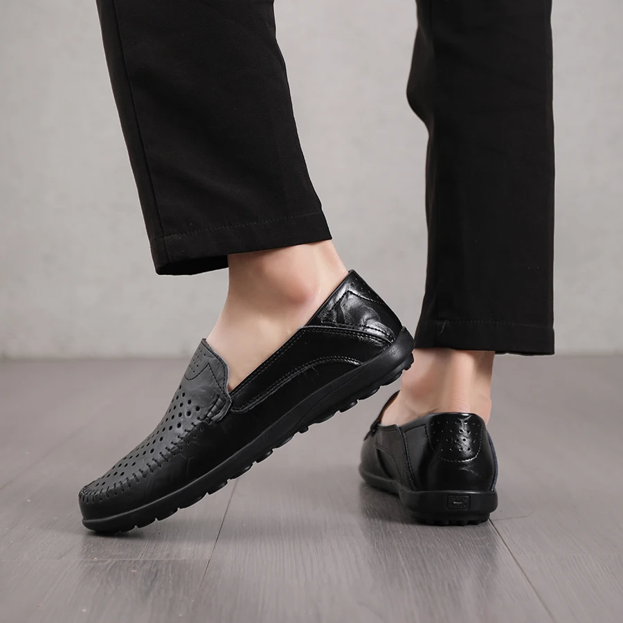 Men's Perforated Leather Loafers Size 47 - Breathable Wide Width Slip-On Shoes Soft Comfortable for Summer Casual Wear