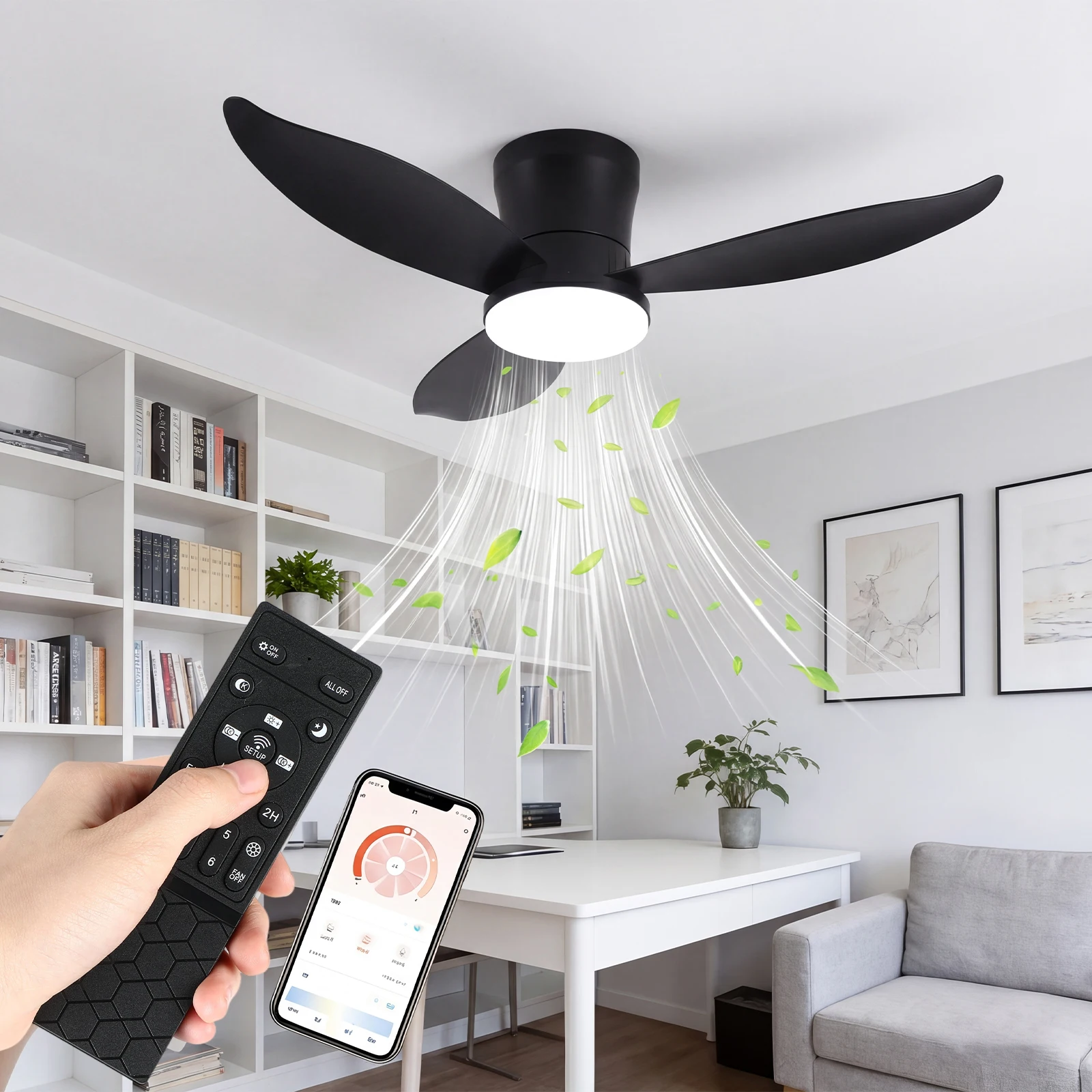 Ventilatore da soffitto con luce LED, diametro 66-109 cm, con controllo remoto e tramite app, controllo Bluetooth, luce integrata, motore con funzione di inversione, adatto a tutte le stagioni, 6
