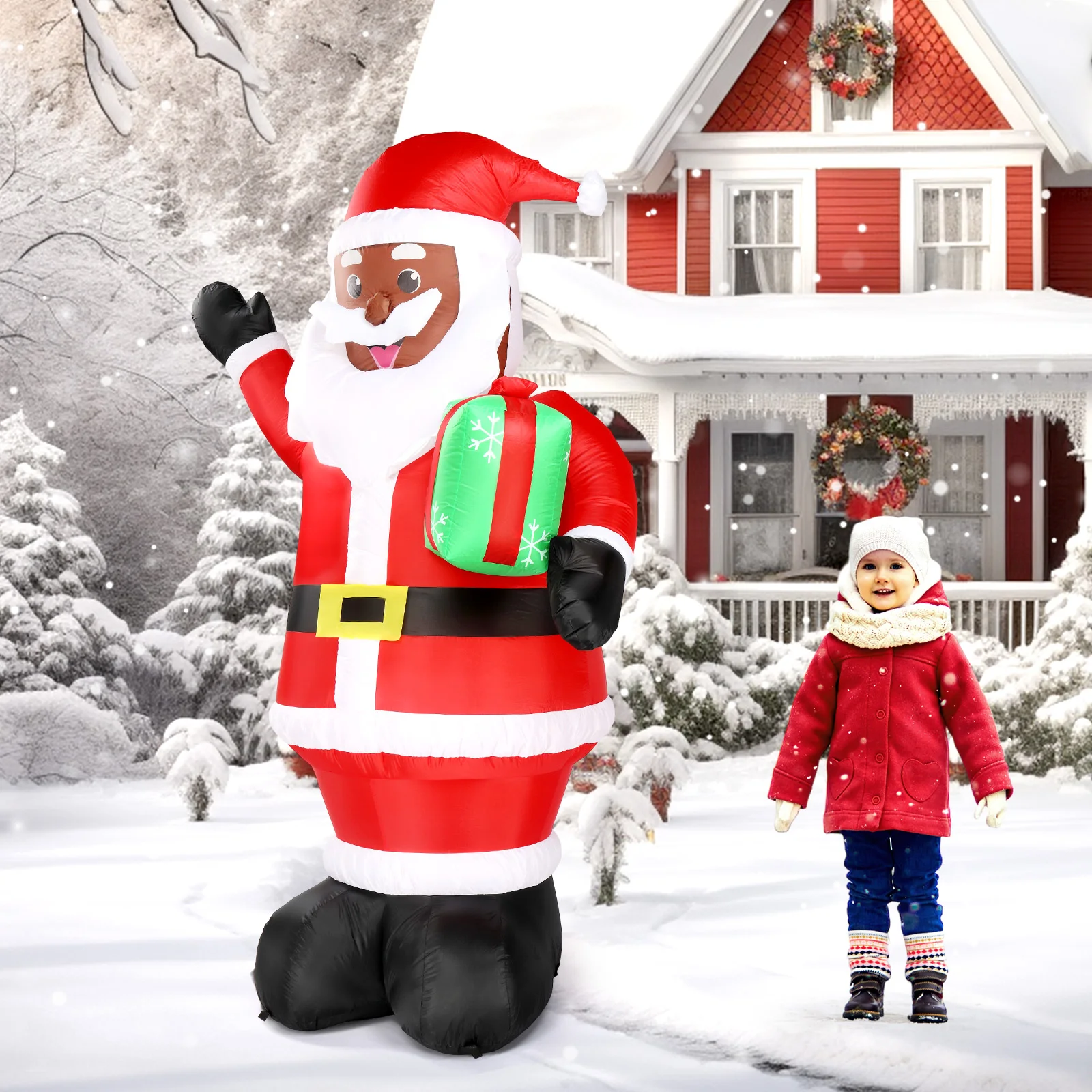 7 FT Lighted Christmas Inflatable Decoration, Inflatable Black Santa Claus Holding Gift, Funny Blow Up Yard Decorations