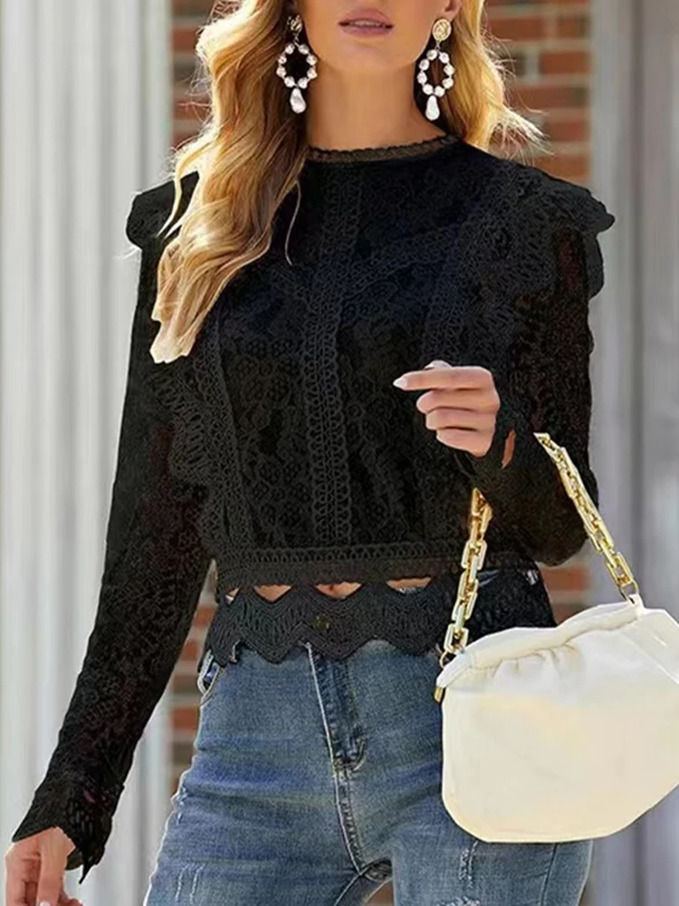 Elegant Fashion Lace Blouses Tops Women Summer Long Sleeve Hollow Out Floral Lace Crop Top Sweet High Street Office Ladies Shirt