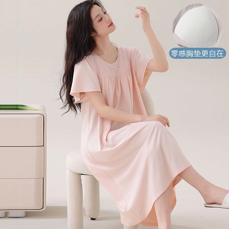 

Летние хлопковые ночные сорочки с коротким рукавом для женщин в корейском стиле: милые кружевные пижамы, домашние ночные платья