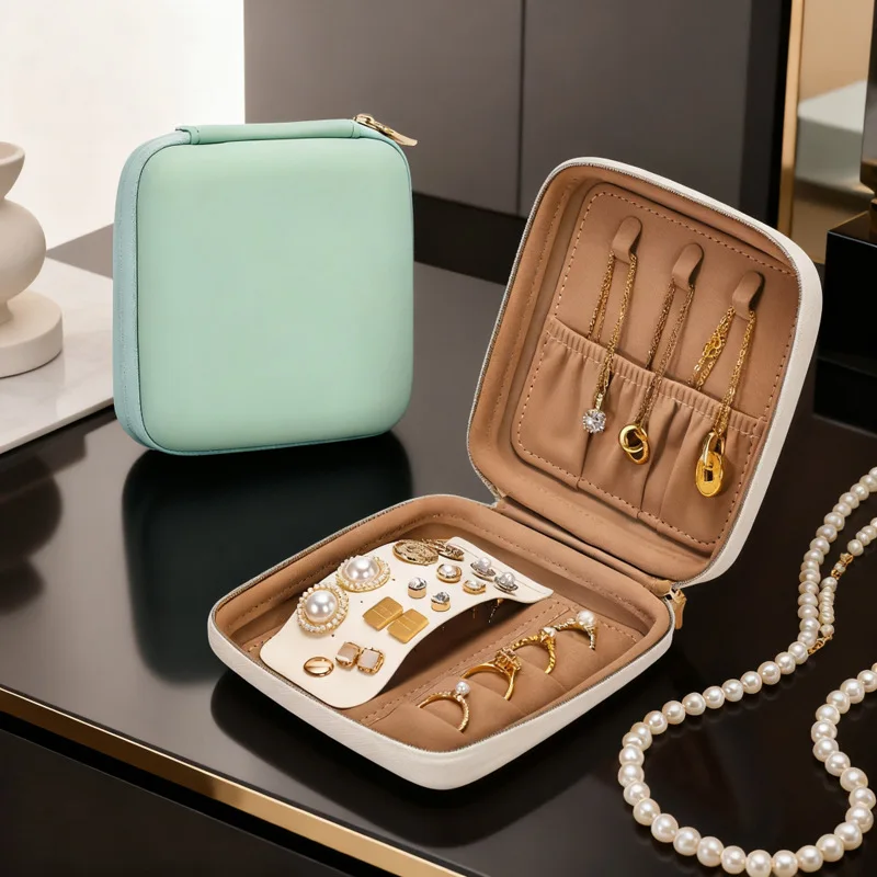 Luxury Simple Portable Jewellery Storage Box Waterproof Leather Zipper Jewelry Case Single Layer Travel Earring Ring Organizer