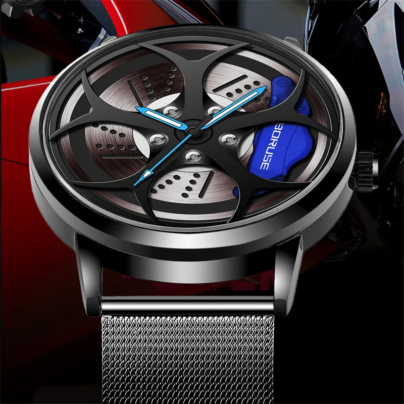 BORUSE Luxury Fashion Mens Car Wheel Watches for Men Mesh Belt Waterproof Quartz Watch Luminous Clock relogio masculino