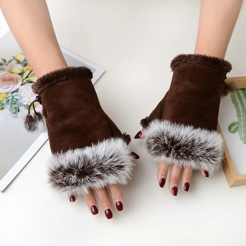 1 Pair New Fashion Faux Rabbit Hair Gloves Suede Leather Fingerless Soft Stretch Gloves Women Girls Winter Thicken Warm Mittens