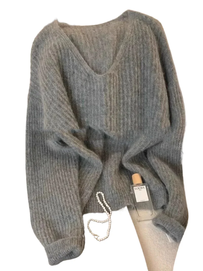 

Soft Grey V-neck Sweater Women Autumn Winter 2024 Loose Lazy Style Long Sleeved Top French Elegant Solid Color Pullover Coat
