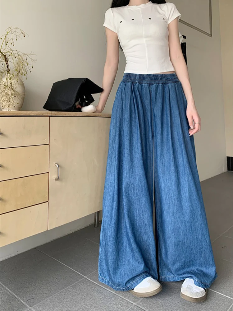 2024 Summer Fashion Denim Wide Pants Womens Loose Jeans Ladies Leisure Vintage Elastic Waist Trouser