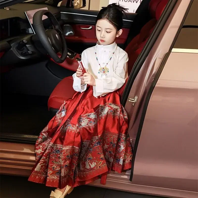 Falda roja Mamian Hanfu para niña, traje tradicional chino, dinastía Ming, falda de cara de caballo
