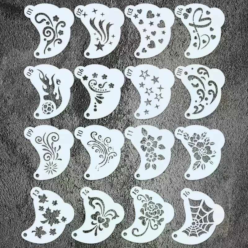 Durable PET Plastic Washable Template Reusable Face Painting Stencils With Assorted Floral Spiderweb Heart Designs 16Pcs