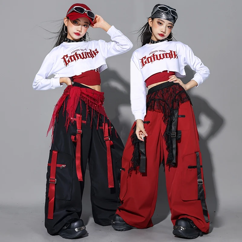 

Одежда для джазовых танцев 2024, сценический наряд Kpop для девочек, черные брюки-тафла, костюм в стиле хип-хоп для подростков, детский наряд для танцевального шоу, уличная одежда 2712