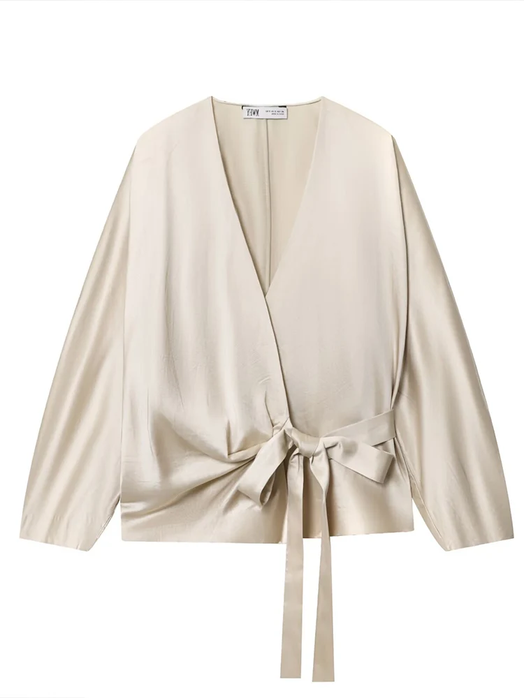 

Новая женская мода в европейском стиле, универсальная однотонная двубортная рубашка с v-образным вырезом и бантом, украшенная бантом