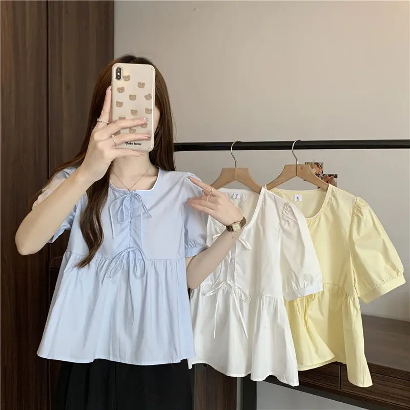 Square Collar Short-sleeved Blouse Women's Clothing Stylish Ruffle Summer Versatile Solid Color Loose Drawstring Short Shirts