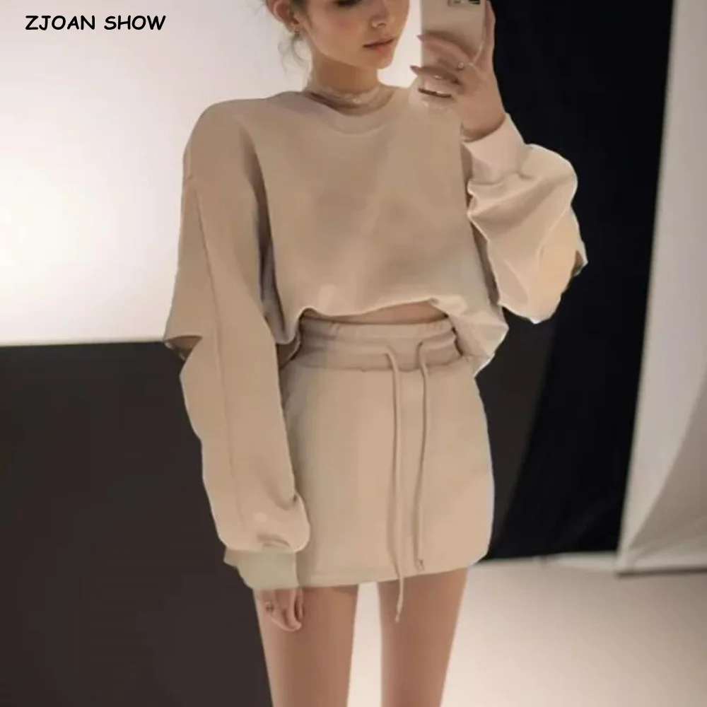 

American Retro Round Collar Slit Sleeve Oversized Pullover Sweatshirt + Elastic Low Waist Swing A-line Mini Skirt 2 pieces 1 Set