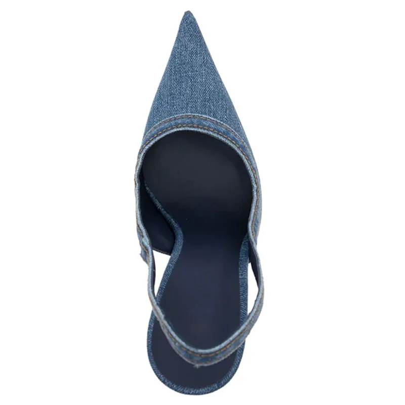 Arden Furtado 2025 Summer blue denim Metal heel Closed toe Sandals Pointed toe Sexy Super high heel Back Stra Modern Sandals